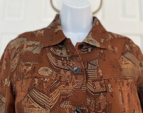 Chicos - Size 1/Small- Silk Blend Jacket- Asian Pagoda Print- Copper Color - Picture 3 of 11
