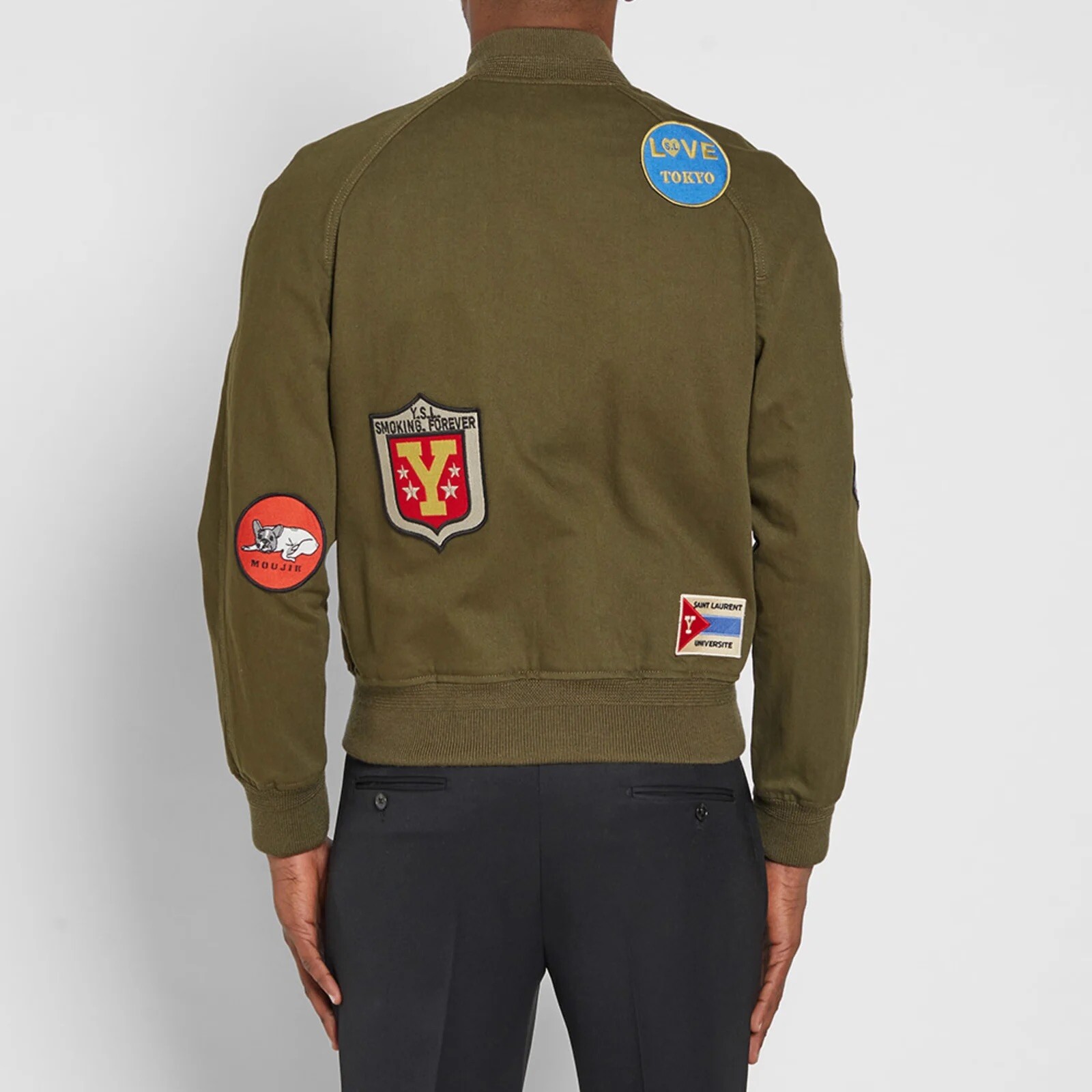 Saint Laurent Bomber Giacca Cachi Teddy Bulldog Patch Prezzo di listino £1800 Uomo XS