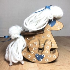Vintage Wooden Rocking Horse Yarn Mane  Tail Flowers Hearts Pattern 4.75  H