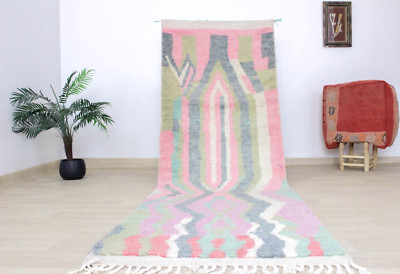 Handmade Runner Rug 3'x9'7 Geometric Boujaad Pink Gray Rug, Moroccan Berber Rug