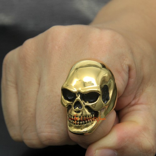 Men's Huge Heavy Skull 316L Stainless Steel Biker Ring USA Size 7-15 Gold Plated - Picture 5 of 8