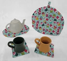 Teal Cupcakes Tea Pot Cozy & Coaster Set