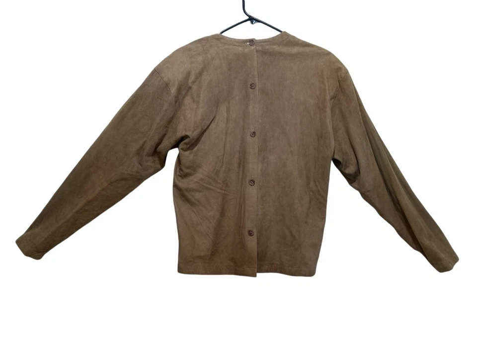 Falda de cuero gamuza chaqueta traje para mujer 6 marrón tostado midi mangas largas vintage años 90 Foto 3 de 4