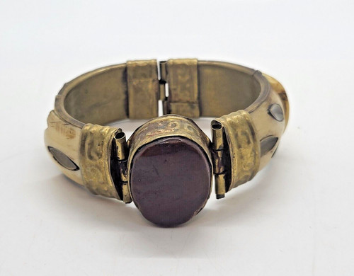 Vintage Chunky Wide Bone Cuff Bracelet With Brass Loop Beautiful Collectible
