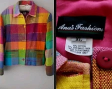 Vtg 90's Ana's Fashions Multicolor Plaid Cotton Knit Designer Blazer! XL