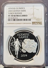 2003 GHANA SILVER 500 SIKA TORCH RUNNER NGC PF 70 ULTRA CAMEO RARE PERFECTION