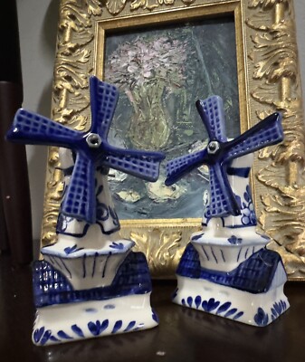 Delft Dutch Windmill Souvenir Salt & Pepper Shakers Ellis Island Porcelain Pair