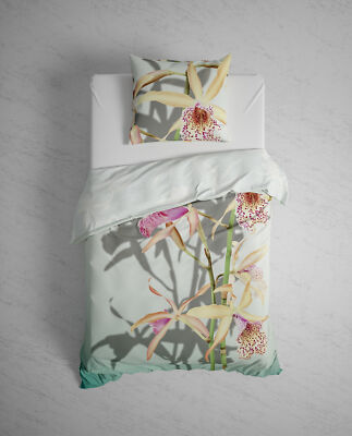 Heckett & Lane GOTS Satin Bettwäsche 135x200 Isla Orchidee Blumen gelb mintgrün