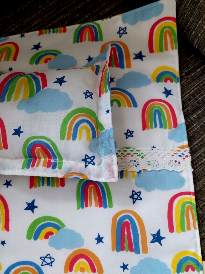 WHITE RAINBOW/CLOUD PRINT HANDMADE DOLLS BEDDING SET, COVER & PILLOW eBay