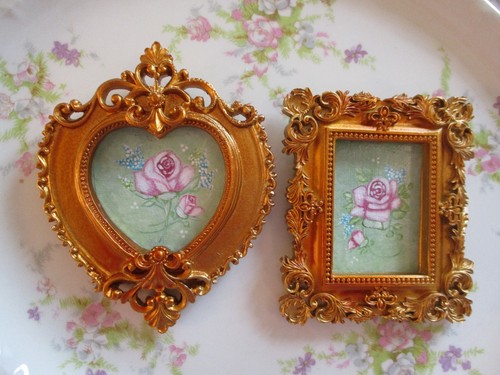 Set of Two Miniature Gold Ornate Frames with Rose Art