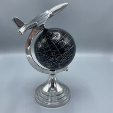 Art Deco Airplane World Map Globe Silver and Black 12" Shelf Desk Decor