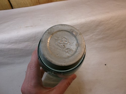 Antique Ball Mason Aqua Glass Quart Size Canning Jar with Zinc Lid - Picture 3 of 5