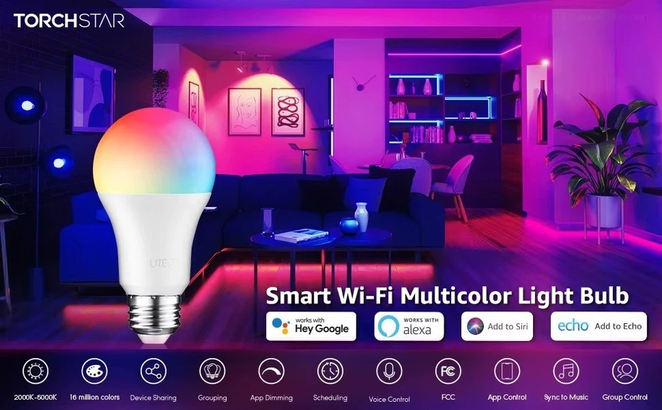 Smart WiFi A19 LED Bulb Multicolor RGBW Dimmable E26 Alexa Google Home 60W - Image 2 of 4