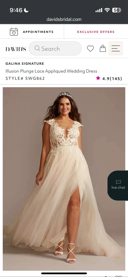 Свадебное платье с аппликацией GALINA SIGN Illusion Plunge Lace. Рекомендуемая розничная цена производителя 2000 долл. США - Изображение 4 из 4