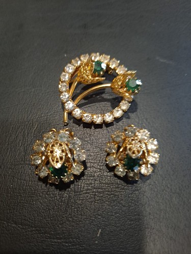 Vintage Gold White Green Rhinestone Flower Brooch Earrings Set Retro Jewelry Set