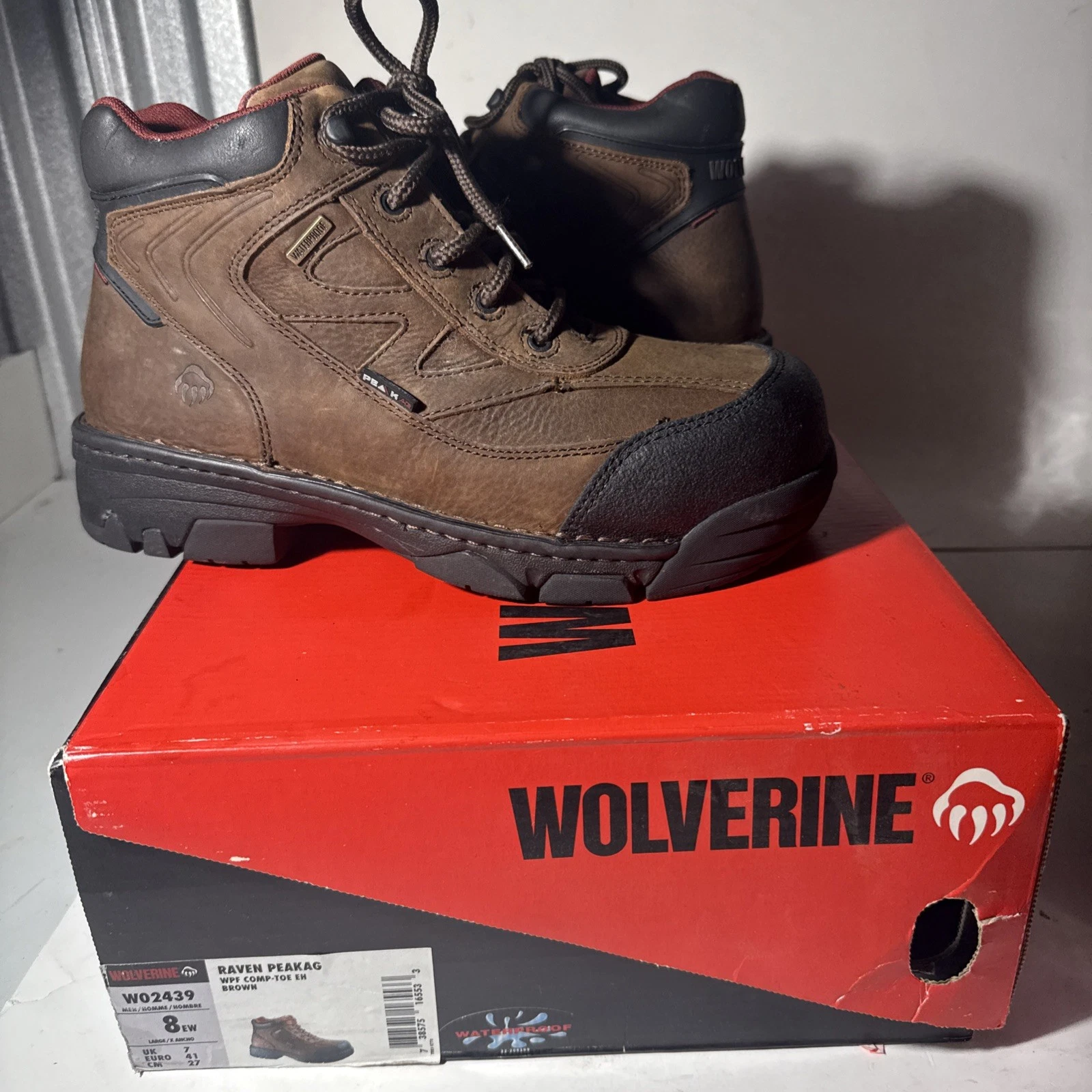 WOLVERINE Raven PEAKAG Size 8EW Men’s WPF Comp Toe EH Brown WO2439 N/with Defec