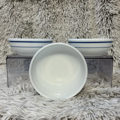 Vintage Pyrex Soup 5" Cereal Bowls Blue Stripe Double Tough Set Of 3 USA White