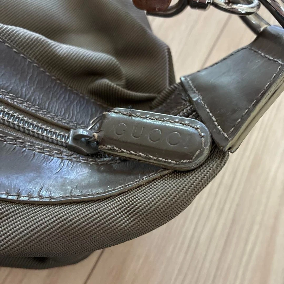 GUCCI Bolso de Mano Bolso de Bambú Vintage Nylon Cuero Kahki USADO Auténtico #S2804 Foto 3 de 4