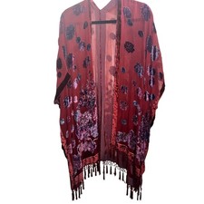 Velvet Burnout Floral Kimono Duster Burgundy Beaded Tassel Fringe One Size READ