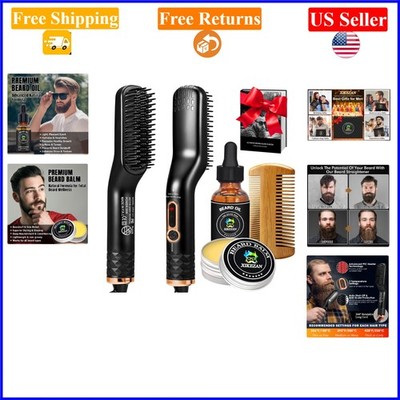 Men's Beard Straightener Kit with Oil, Balm, Comb & E-Book, 5-Piece, Dual Vol...