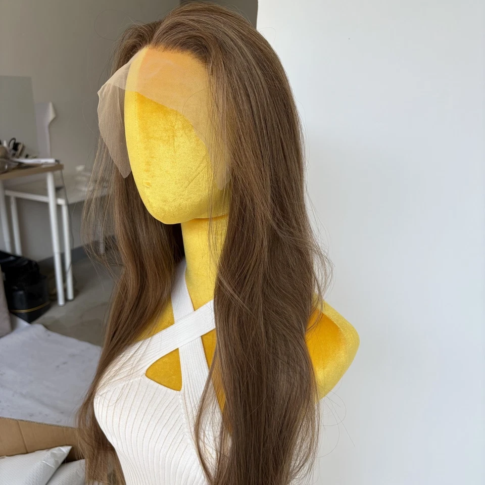 Peluca de encaje frontal marrón mezcla rubia cabello sintético largo recto resistente al calor Foto 2 de 4