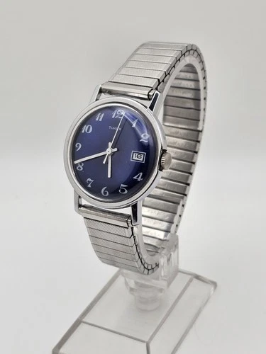 Vintage 1973 Timex Marlin Mens Handwind Analog Watch Blue Sunburst Dial NICE🔥👀