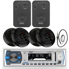 Pyle White USB Bluetooth Boat Radio, 4 Marine 6.5" Speakers, 4" Box Speakers