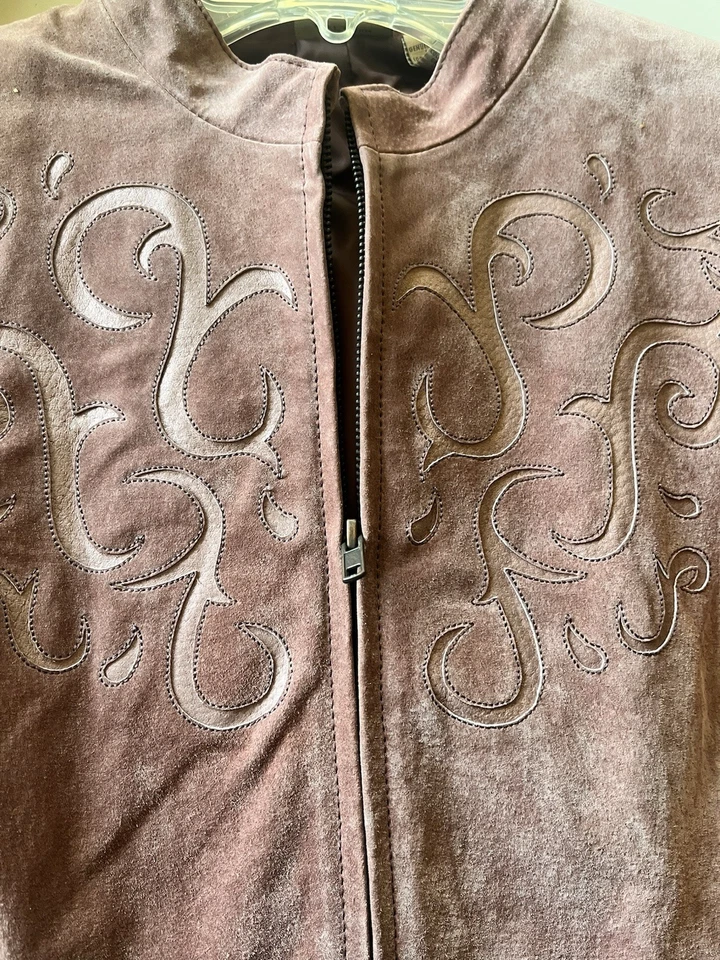 Chaqueta Mujer Cuero Gamuza Malva Bordada XL Nueva Sin Etiquetas Foto 3 de 4