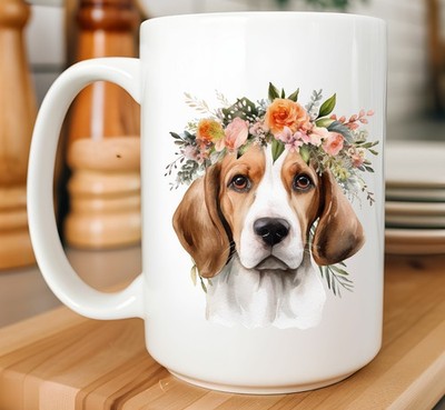 Beagle  With Flower Wreath Crown - 15oz Coffee Mug