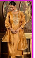 Designer Yellow Silk Blend Embroidered Kurta Pant Dupatta Set Women XS-5XL