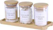 Qtip Holder with Vanity Tray - 3 Pack Glass Apothecary Jars with Lids, Cotton