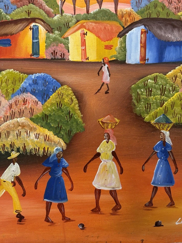 Haitian Village Vibrant Original Signed Painting, Cultural Fine Art Decor Gifts - Image 4 of 4
