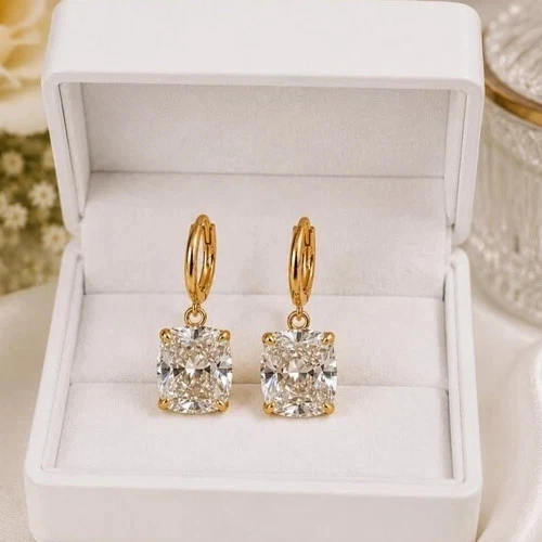 5.00 CT Cushion Cut EF/VS Lab Grown Diamond Dangle/Drop Earring 14k Yellow Gold