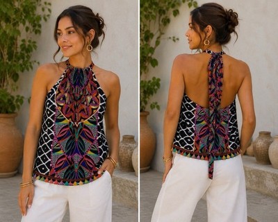 (A1) Trina Turk X INC Women's Artistic Halter Style Blouse,Size M,Multicolor Top