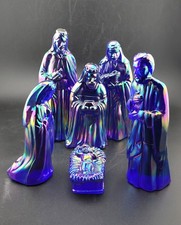 Fenton 6 Piece Nativity Iridescent Blue Carnival Glass Vintage Christmas