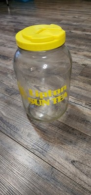 Vtg Lipton Sun Tea Jug Glass Gallon Jar 80s Yellow Flip Top Lid No Handle X
