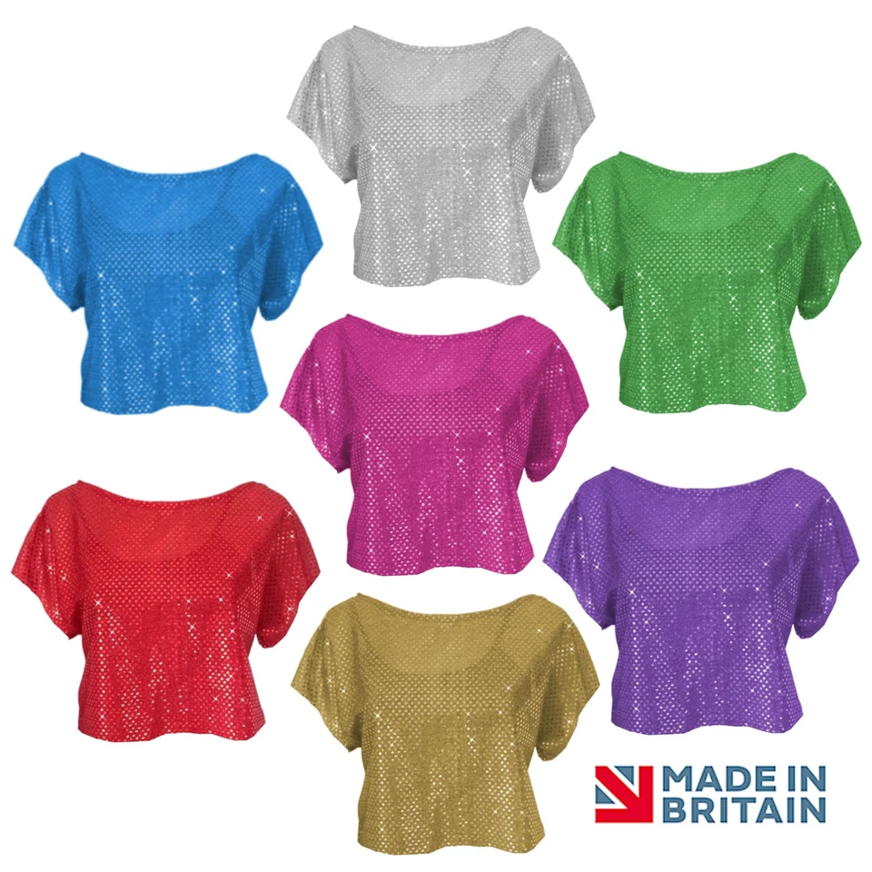 Ladies Sequin Top 70s Sparkle Dancewear Disco Fancy Dress, Crop Top UK made