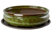 Oval Glazed Bonsai / Succulent Pot + Tray + Mesh 12"x 8.5"x 3.75" - Moss Green