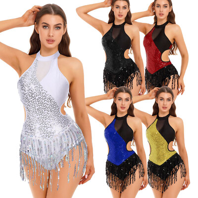 Womens Bodysuit Tango Dancewear Patchwork Leotard Samba Gymnastic Sequin Sport