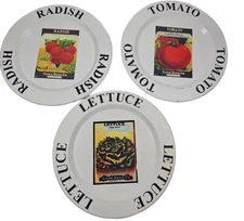 3x Vintage Card Seed Co.  Painted Decorative Wooden Plates Radish Tomato Lettuce