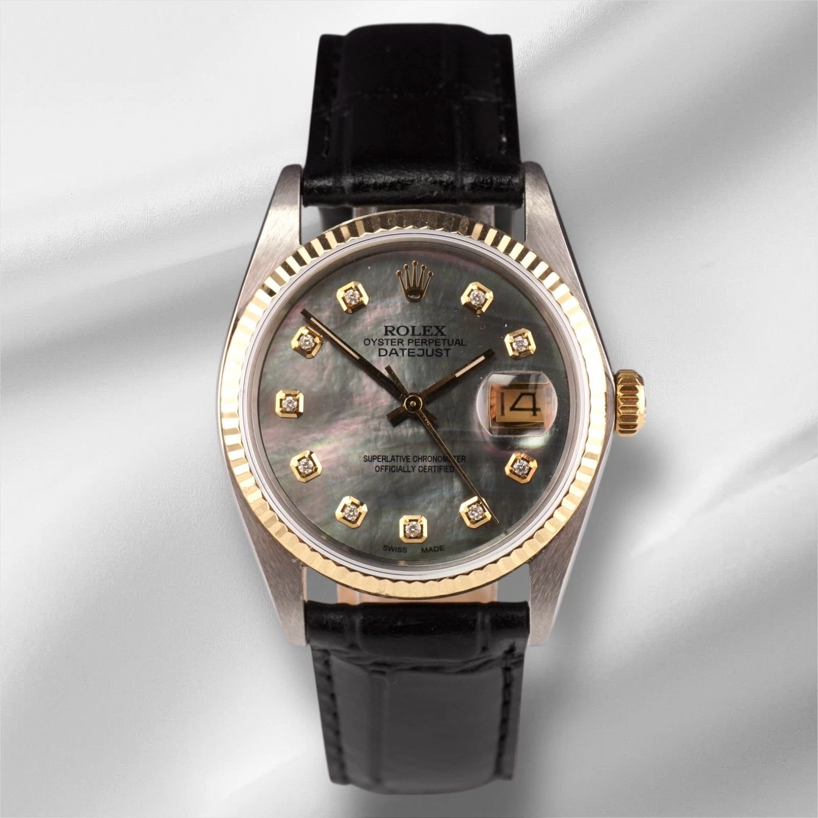 Rolex — Rolex Datejust 36mm Yellow Gold Black Mop Diamond Dial Leather Band Watch 16013