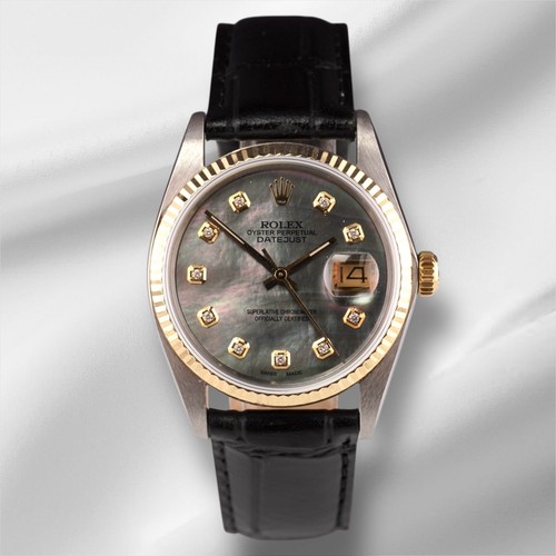 Rolex Datejust 36mm Yellow Gold Black Mop Diamond Dial Leather Band Watch 16013