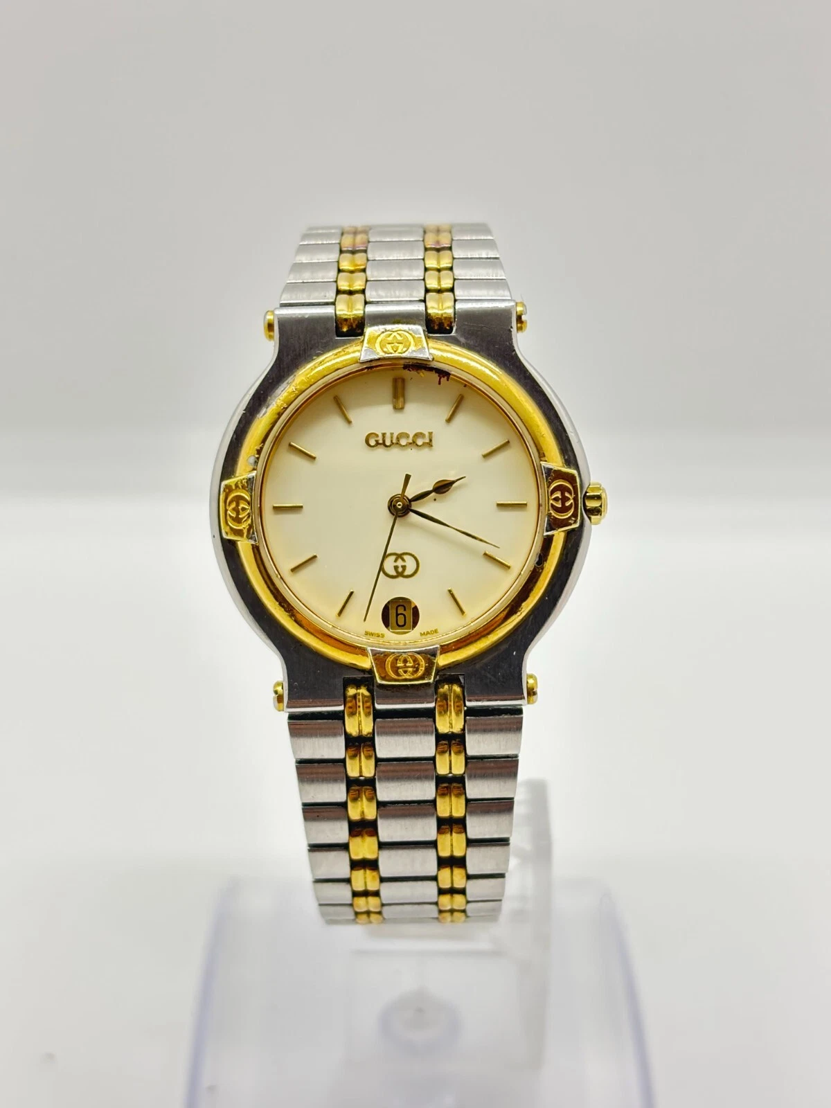 [Exc+5] GUCCI 9000M Blanc OR ARGENT DATE Quartz Homme VINTAGE Fonctionne Occasion F/S