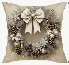 Vintage Glamour Christmas Wreath Linen Throw Pillow Cover Holiday Home Decor 18”