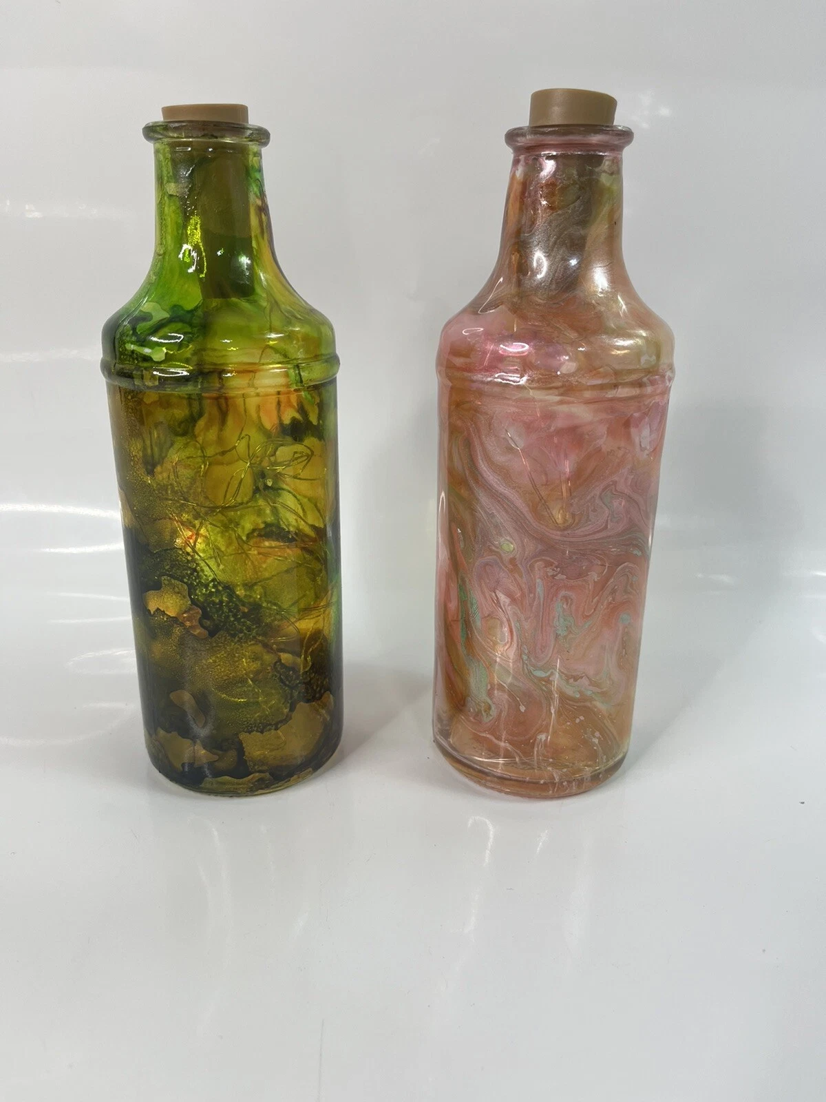 Set of 2 Lighted 7" Vases W/Alcohol Ink and Epoxy