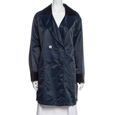 Giuliana Teso Leather Trim Double Breasted Rain Overcoat Womens Size 46 Us Large