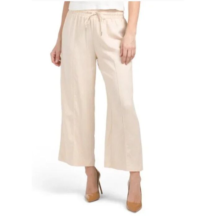 Anne Klein Women's Linen Wide leg Capri Beige Cinch Waist Sz Large