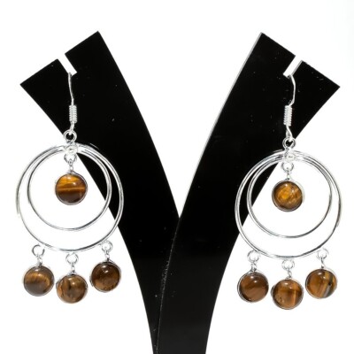 Tiger's Eye Gemstone Handmade 925 Sterling Silver Jewelry Earring Size 2.4''