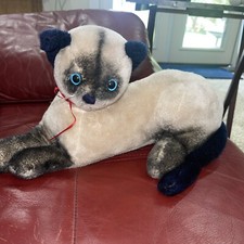 Vintage R. Dakin 1973 Siamese Cat Stuffed Plush Laying Down Blue Eyes
