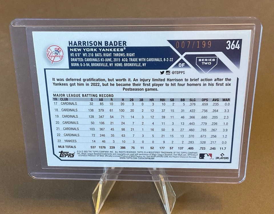 2023 Topps Series 2, Harrison Bader, #364, Red Foil, 007/199 - Image 2 of 2